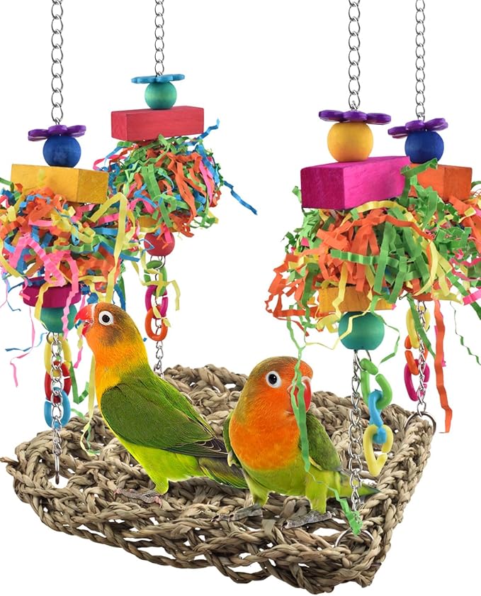 KATUMO Bird Toys, Bird Foraging Wall Toy Large Size Seagrass Woven Climbing Hammock Swing Mat with Colorful Chewing Toys for Lovebird, Parakeet, Budgie, Conure, Cockatiel, Small Birds