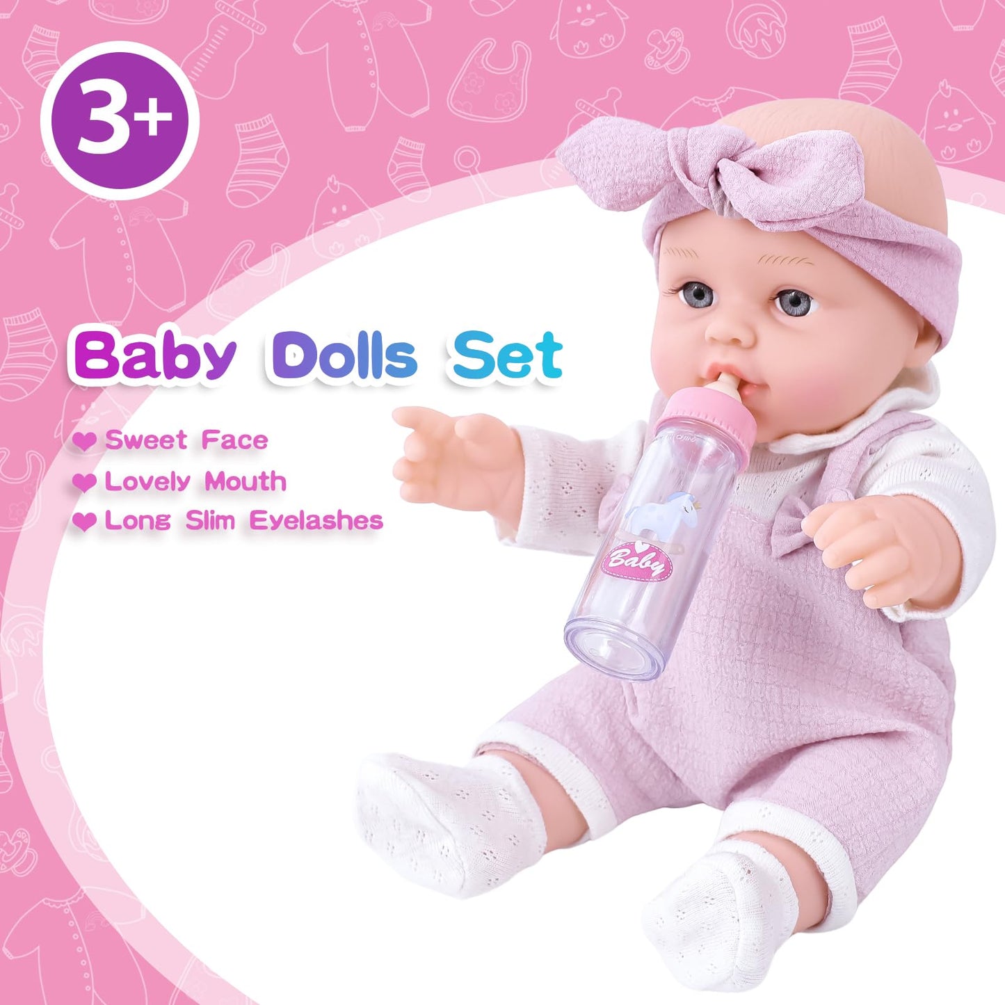 BDDOLL 12'' Baby Doll Playset with Clothes and Dolls Carrier Accessories Included Baby Carrier, Bottles, Nipple, Socks, Headbands