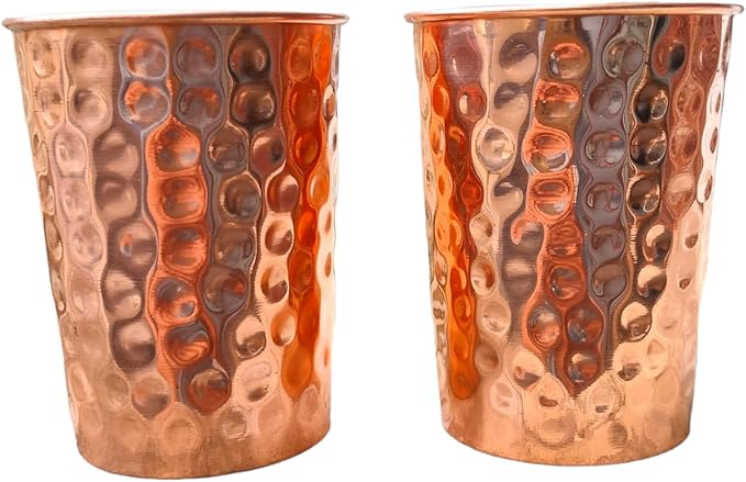 Set of 2 Hammmered Pure Copper Cups For Drinking Water Glasses Tumblers Glass for Ayurveda Health Benefits