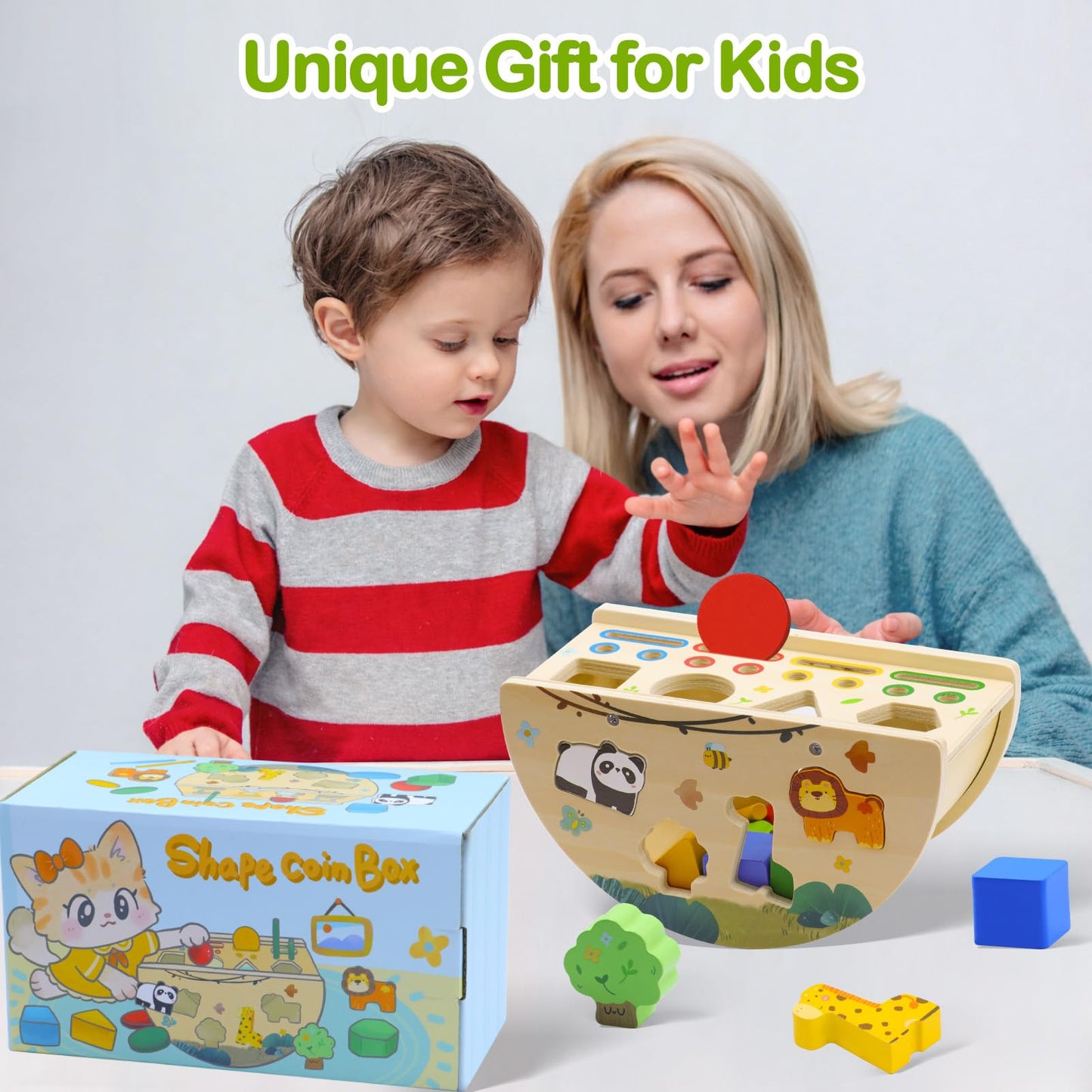 Humerry Montessori Busy Box for Toddlers 1-3, Wooden Object Permanence Coin Box with Shape Sorter & Animal Matching, Sensory Fine Motor Learning Toy with Wobble Base, Gift for 1 2 3 Year Old