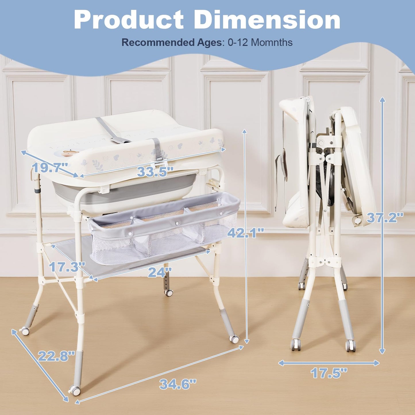 DZMDIP Baby Bathtub with Foldable Changing Table, Standing Infant Bath Tub for Newborn Toddler Shower, Portable Diaper Changing Station with Stand