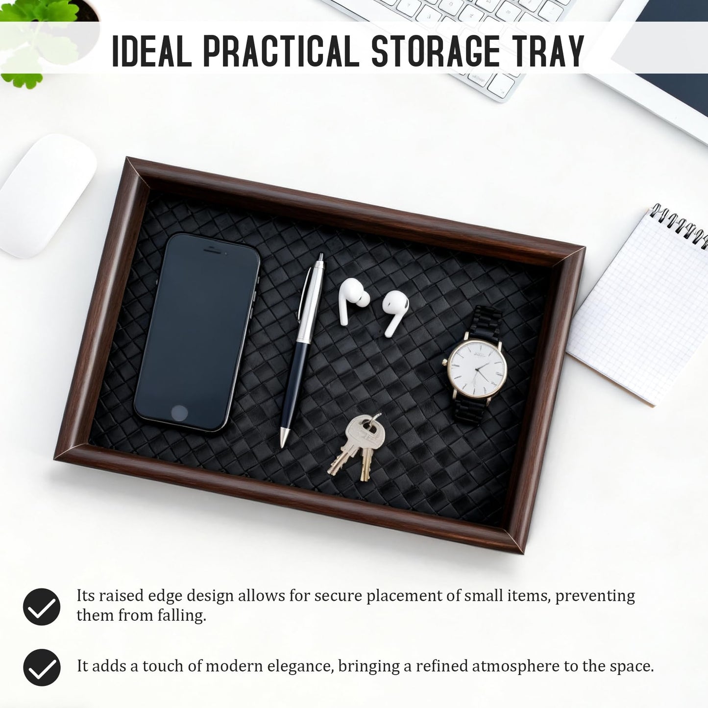 Wooden Valet Tray Desk Organizer with Leather Base,Nightstand, Entryway Bedside Dump Holder for Wallets, Keys, Watches, Jewelry & Sunglasses
