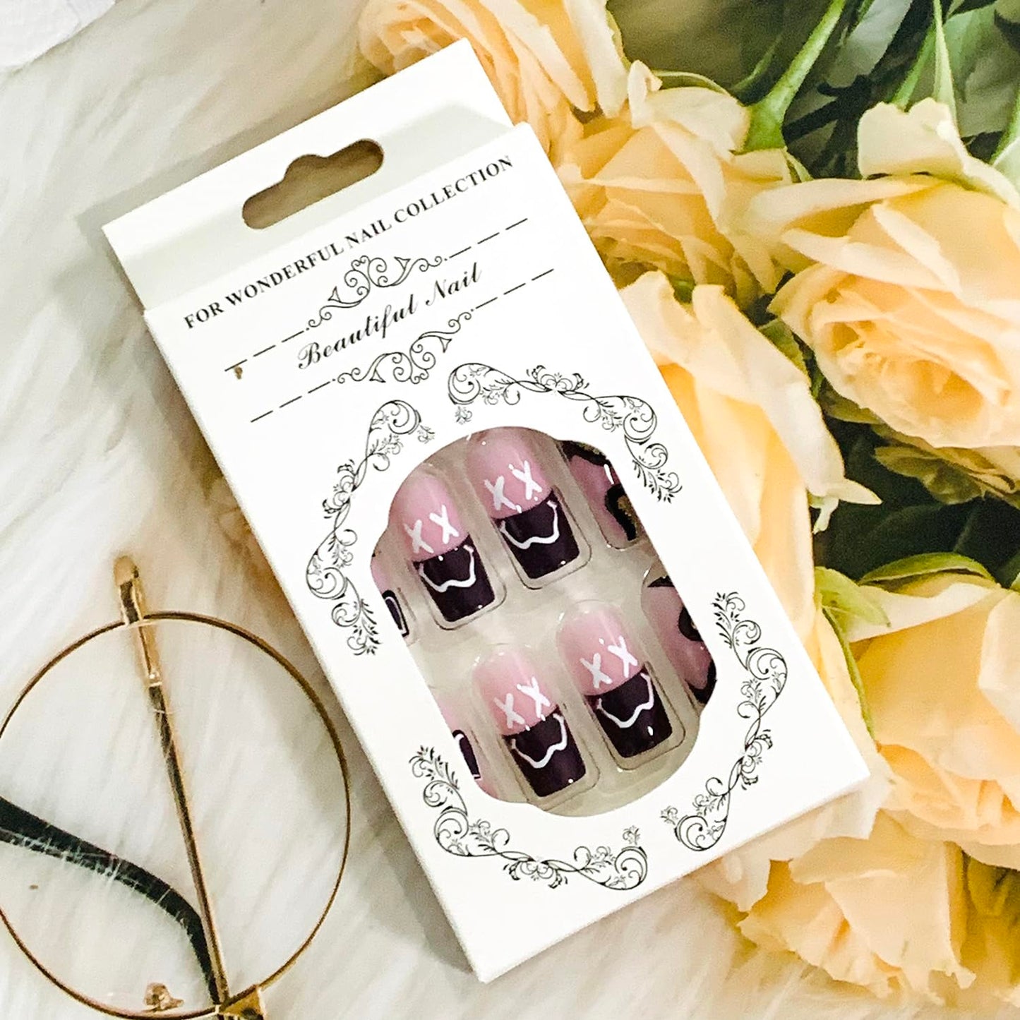 Press on Nails Square Medium Pink 24Pcs Glossy Full Cover Artificial Fake Nails with Heart Line Designs Reusable Coffin Acrylic False Nails Glue Stick on Fingernails with Charm for Women