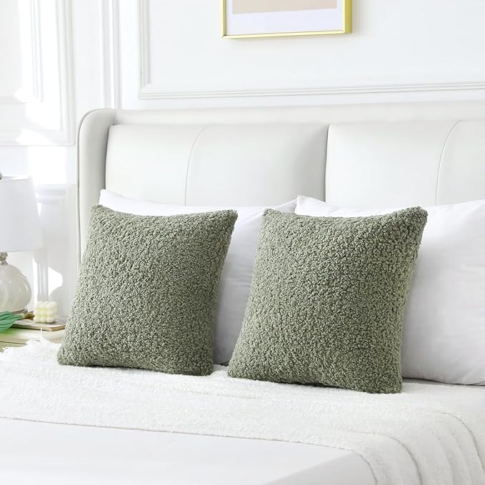 FUTEI Sage Green Throw Pillow Covers 20x20 Inch Set of 2,Furry Faux Fur Teddy Boucle Textured Cushion Covers,Soft Fluffy Decorative Pillow Case,Home Decor for Couch Bed Living Room Office Car