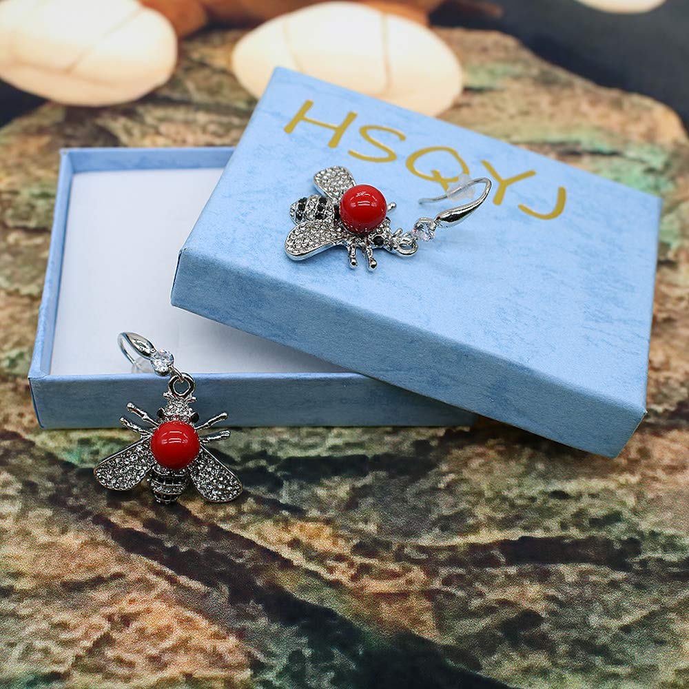 Honey Bee Drop Earrings Crystal Insect Themed Dangle Earring Animal Fashion Shell Pearl Hook Earring Platinum Tone for Women Jewelry (Platinum Red Pearl earring)