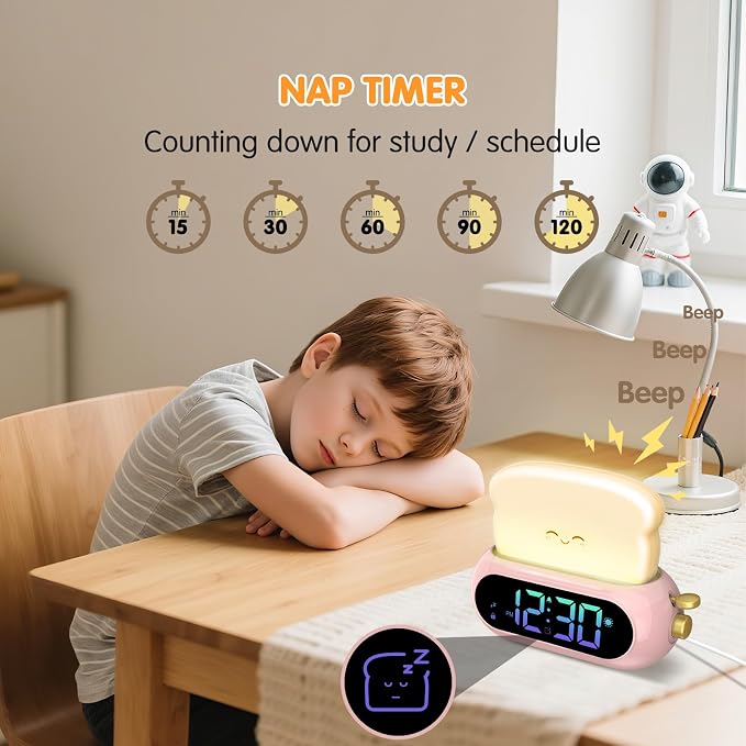 Netzu Alarm Clock for Kids, OK to Wake Clock with Night Light and Sound Machine, Pink Clock with 10 RGB Color, 6 Alarm Tones, Nap Timer, Snooze, Bedside Clocks for Girls Kids Teens Birthday Gifts