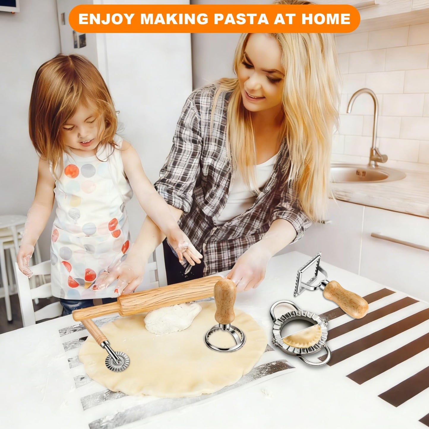 11 Pieces Ravioli Mold Set, Easy-to-Use Ravioli Maker Press with Ravioli Cutter Wheel, Pasta Cutter & Ravioli Making Kit, Wooden Pasta RollerPasta Making Tools for home,pasta lover