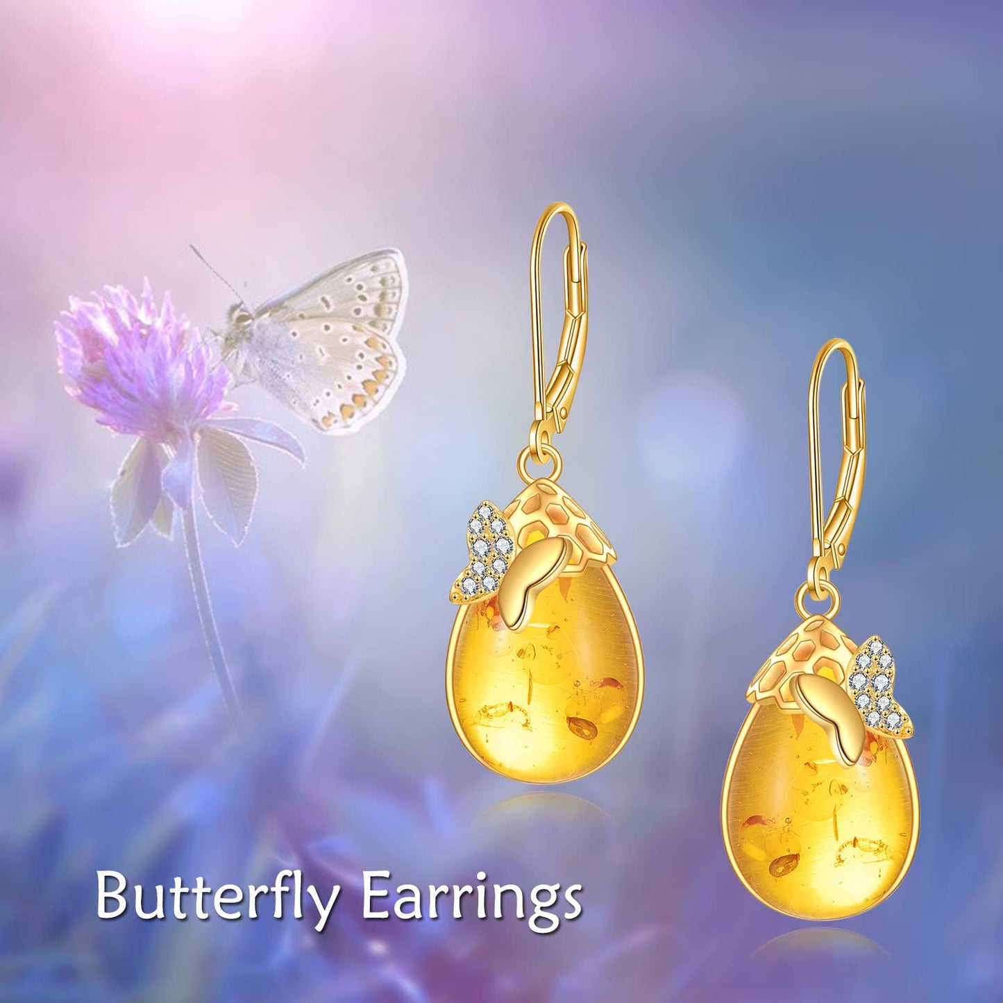 TIGER RIDER Butterfly Amber 925 Sterling Silver French Clasp Earrings Dangle Earrings Jewelry Gift for Women