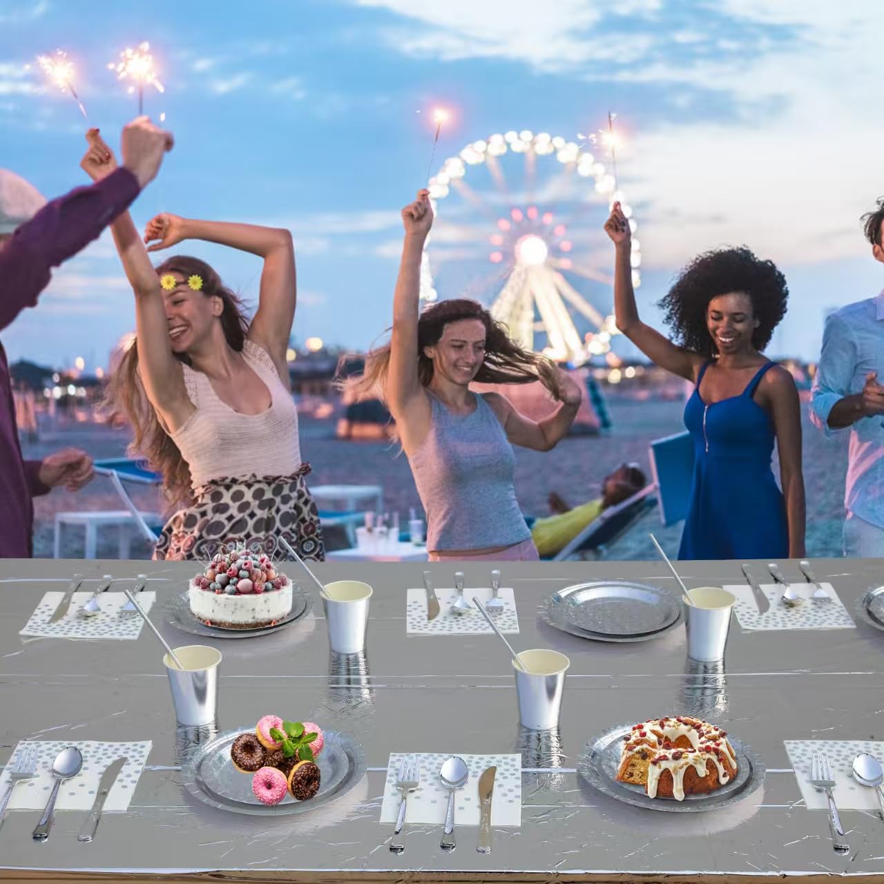 201-piece disposable party tableware set with paper plates, cups, napkins, straws, tablecloths, plastic knives, forks and spoons for a variety of party occasions for up to 25 people (Silver Star)