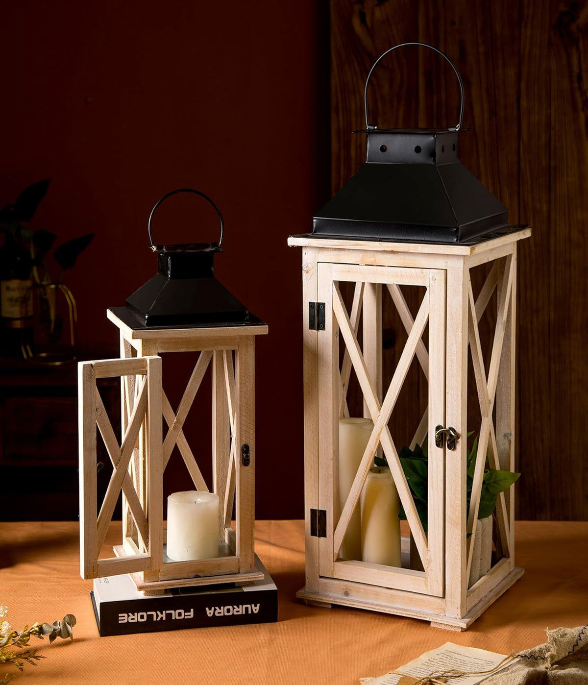 TIMRIS Large Wooden Candle Lanterns Decorative Set of 2, Rustic Farmhouse Whitewash Floor Lanterns, Indoor/Outdoor Hanging Lanterns for Home Decor (No Glass)