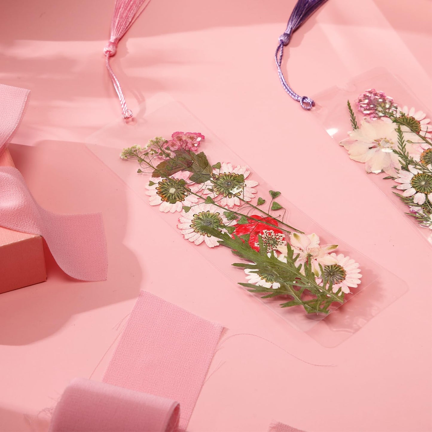 AmazingSpark 222 Pcs Dried Flower Bookmark Making Kit Include DIY Pressed Flower Colorful Tassels Ribbons and Transparent Bookmark Laminating Pouches 2 x 6 Inch(Pink)