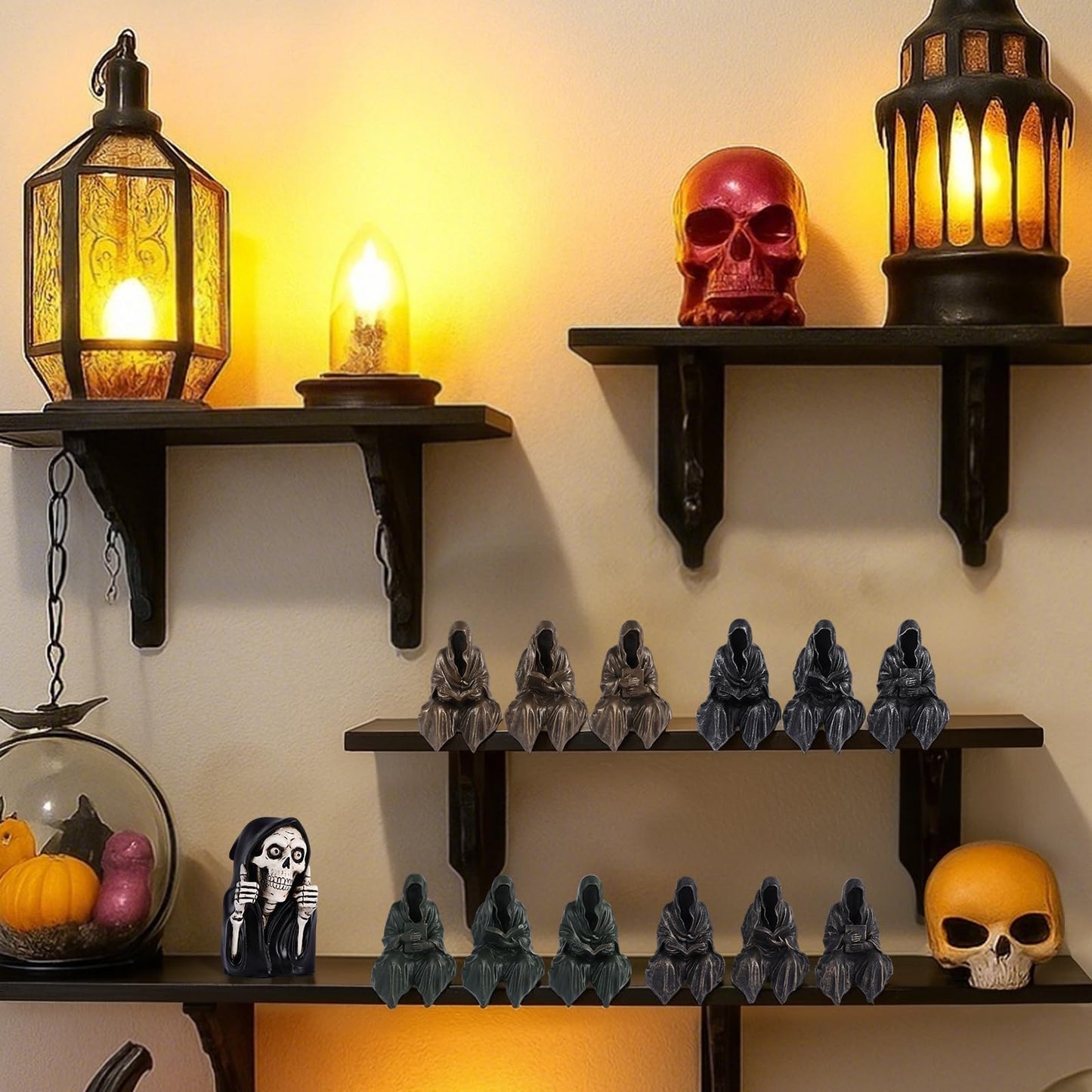 2.95" Mini Reading Statue Bookshelf Figure Set of 3,Gothic Grim Reaper Statue,Mystery Reading Figurines Sitting Sculpture for Bookshelf Decor Fantasy,Halloween Trinkets Dark Academia Decor Aesthetic