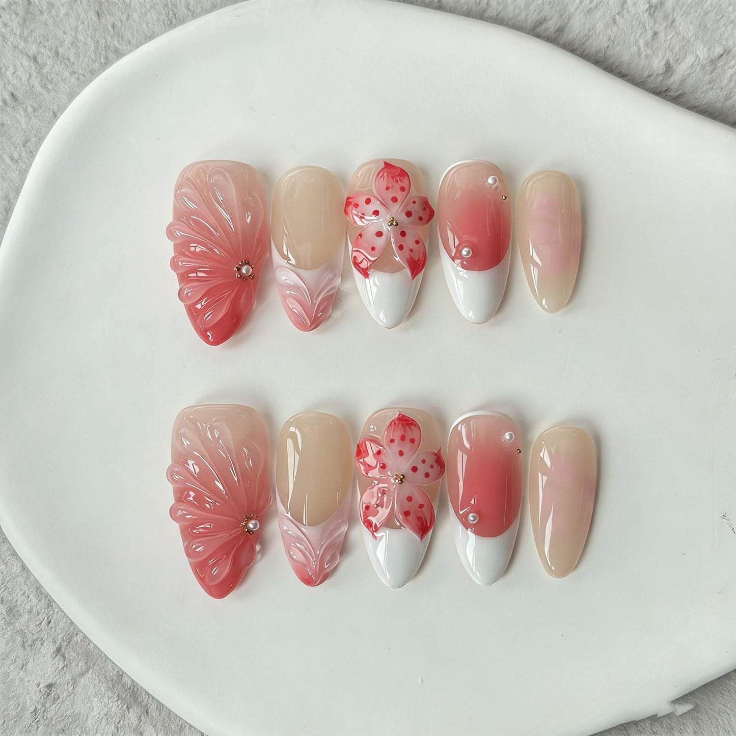 Press on Nails Pink Almond Summer Holographic Glitter False Nails with Iridescent Checkerboard Design, Reusable Fake Nails for Women 10 Piece Set M Size