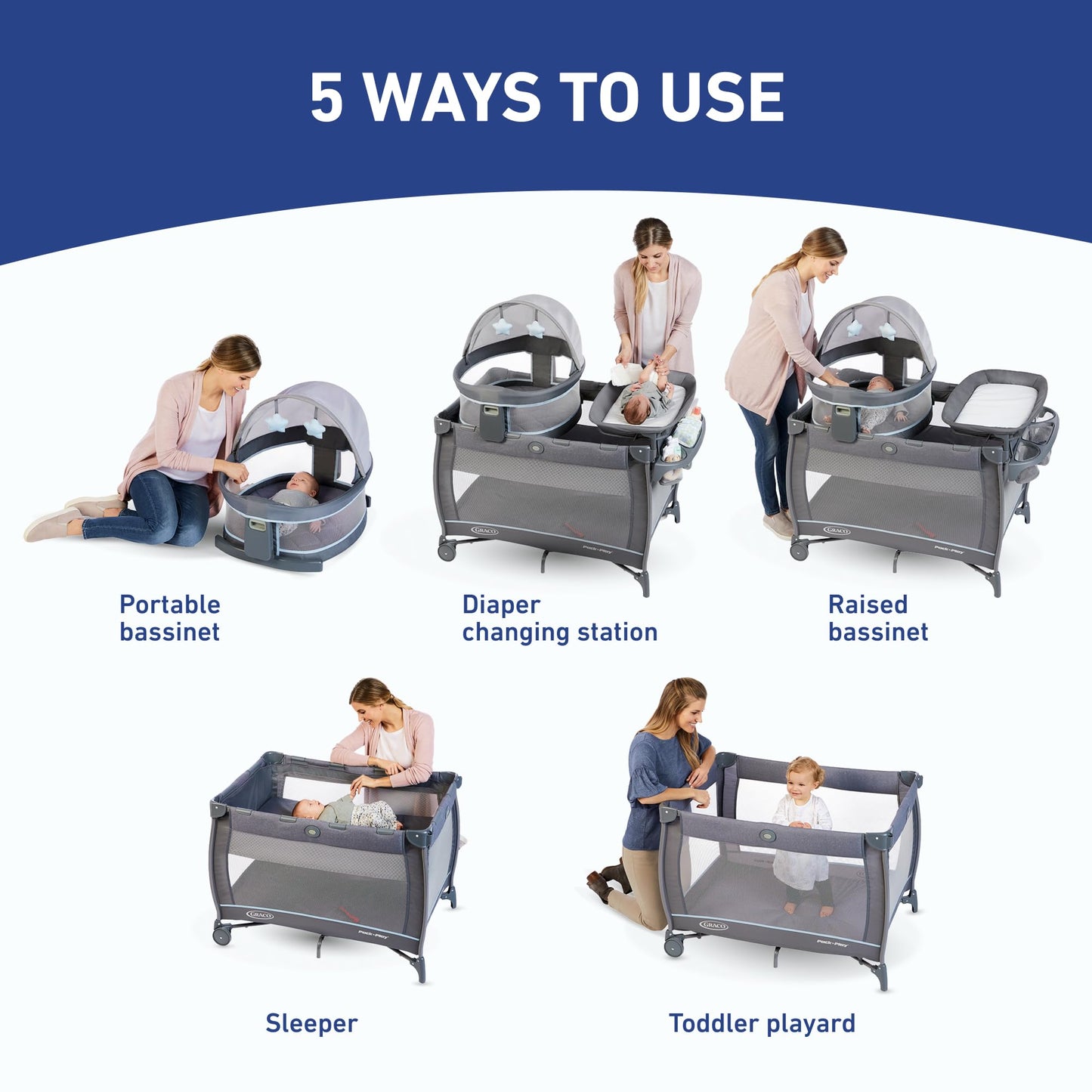 Graco® Pack n Play Dome LX Playard with Baby Bassinet Lightweight Portable Crib Push-Button Fold Travel Crib Redmond Convertible