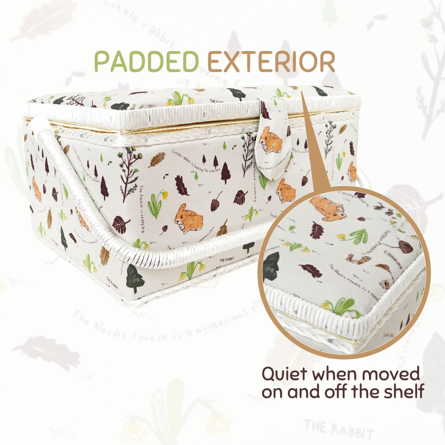 Wooden Sewing Basket Kit with Complete Sewing Tools, Large Box Organizer with Removable Tray and Tomato Pincushion for Hand Sewing and DIY Repairs, Rabbit Forest
