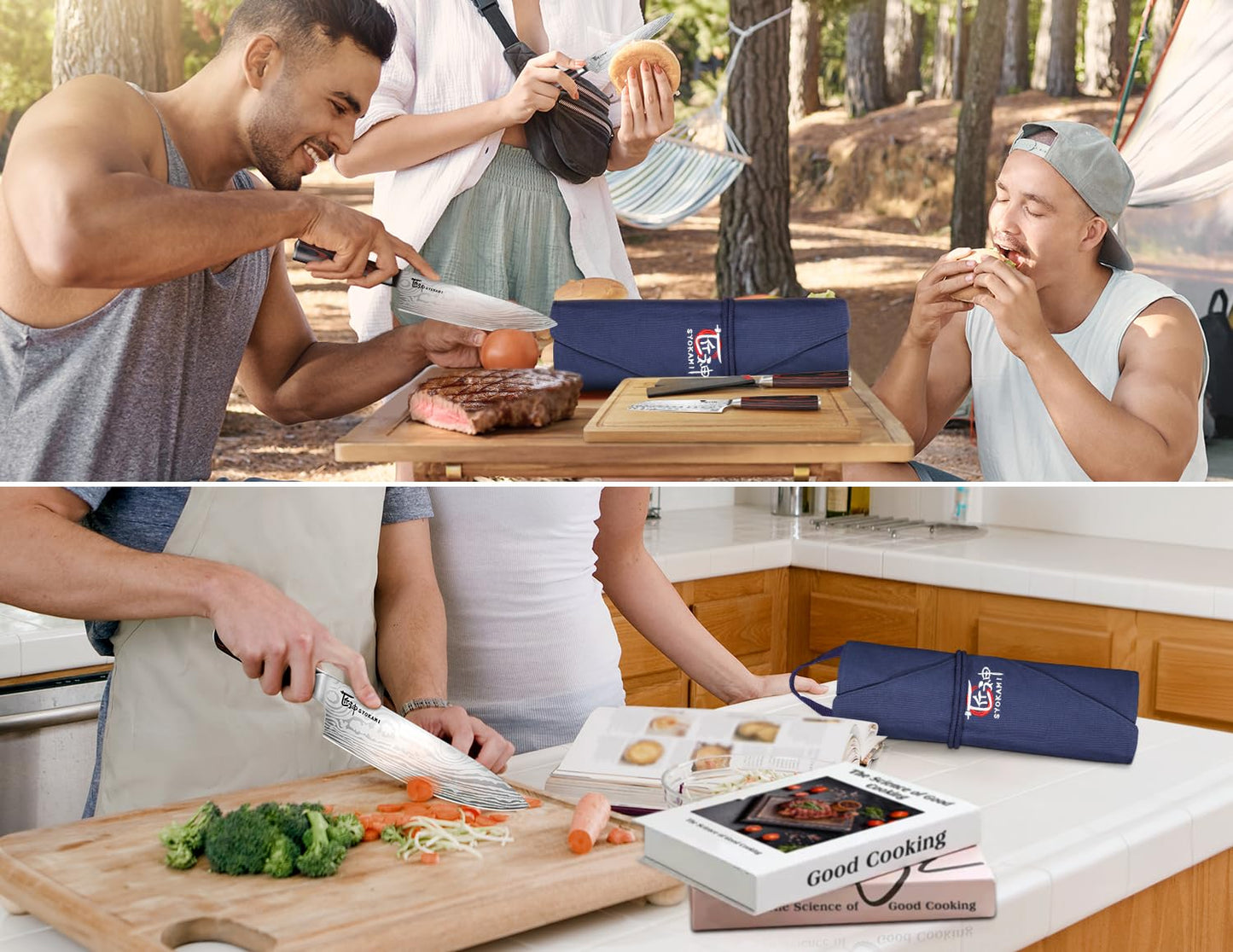 SYOKAMI 14pcs Chef Knife Set with Roll Bag, Professional Stainless Steel Japanese Knife Set with Pakkawood Handle for Professional Chef, Camping, Travel, BBQ, RV or Gift