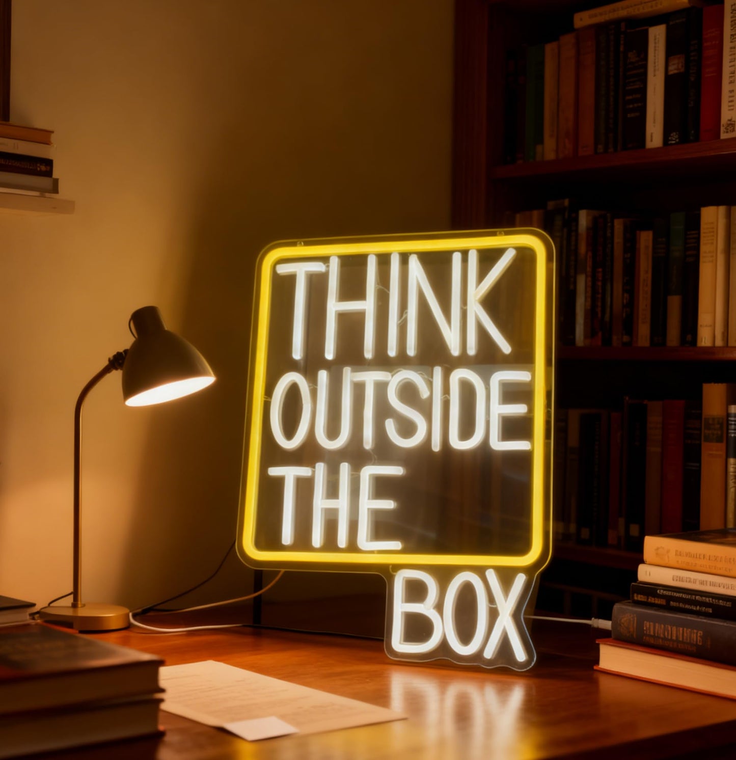 Think Outside The Box Neon Sign, USB Powered Dimmable Decorative Neon Light Home Office Creative Studio Classroom Study Space Decor Gift Wall Table Light Up Sign 16.3 x 11.8 In
