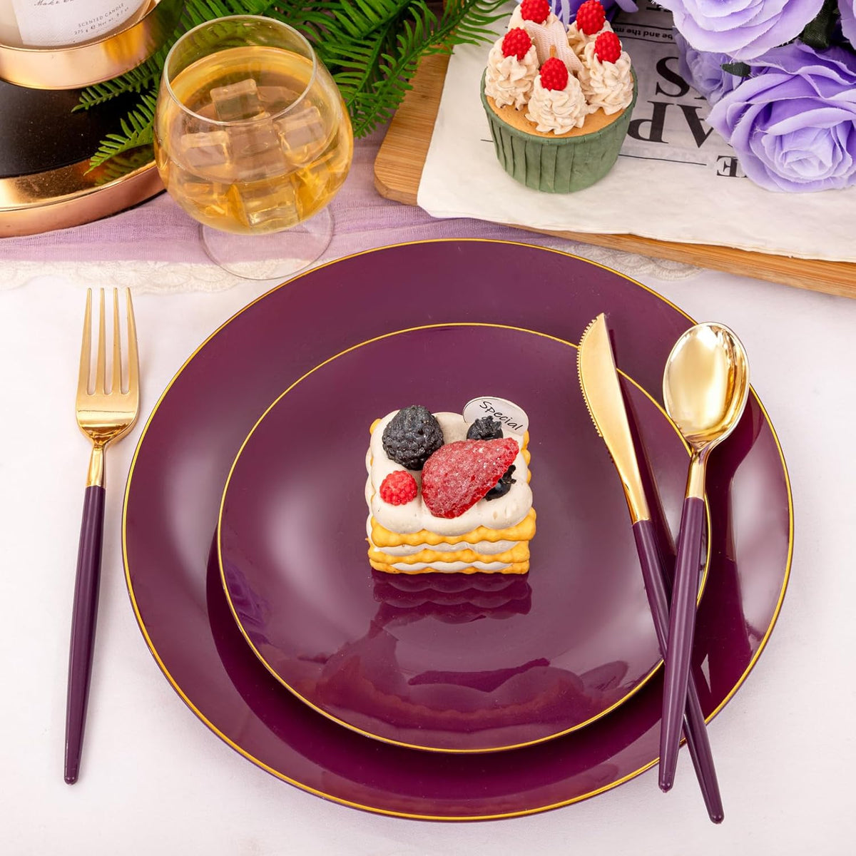 Liacere 150PCS Purple Plastic Plates - Gold Plastic Silverware with Purple Handle - Disposable Plates Include 30 Guests Plates, Forks, Spoons, Knives for Wedding&Father's Day&Independence Day