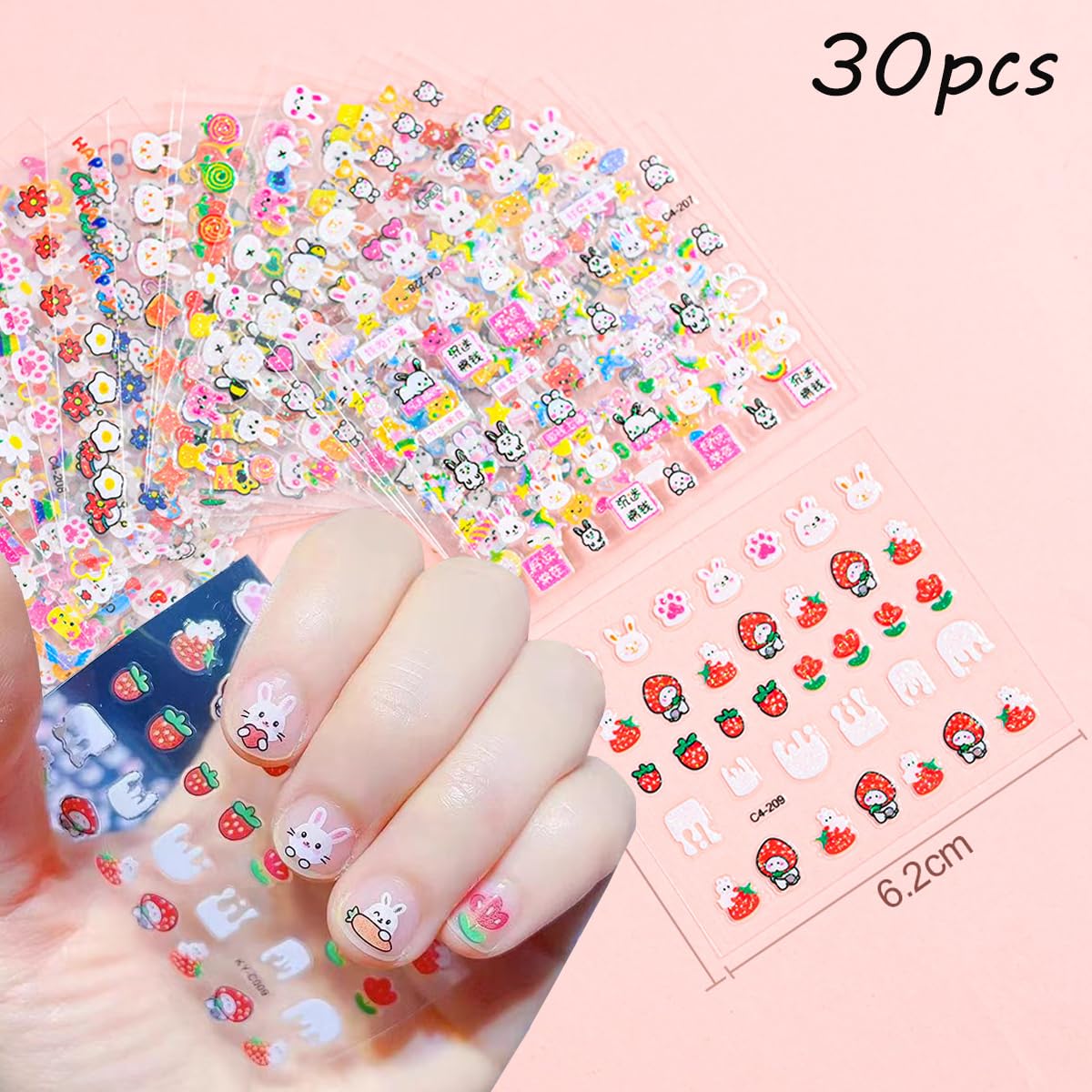 30Sheets Glitter Easter Nail Art Stickers Set 3D Self-Adhesive Nail Decals Cute Bunny Sticker for Nails Art Supplies Cartoon Easter Rabbit Design Manicure Tips Charms for Kids DIY Nail Art Decoration