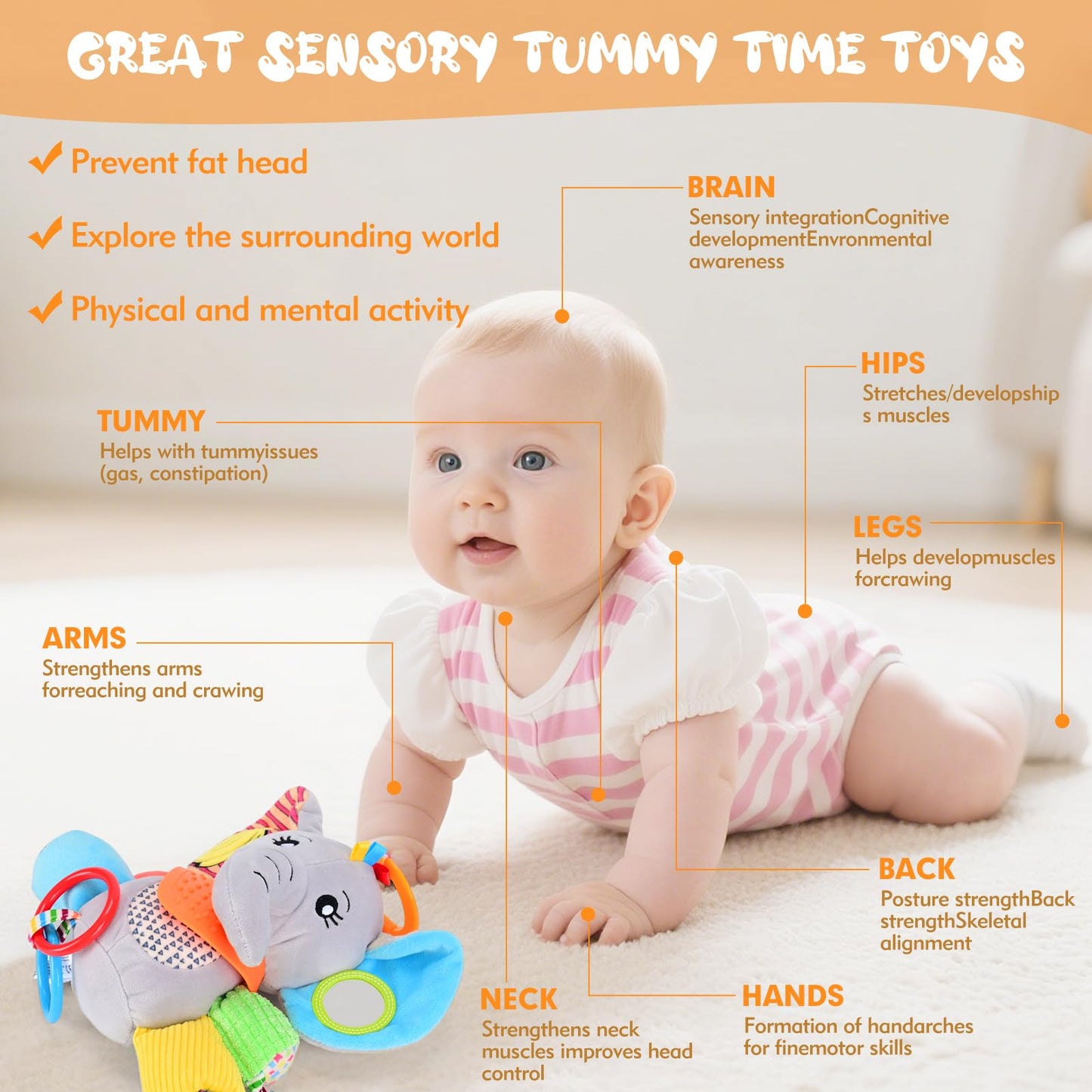Baby Toys 0-12 Months Elephant with Detachable Touch-Sensitive Sound Box, 30 Sounds, Removable Bib, Teether, Rattle, BB Squeaker, Mirror for Strollers, Car Seats, Carriers