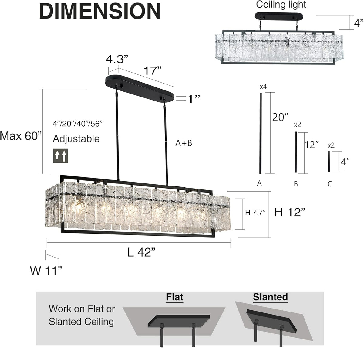 IKK Modern Rectangle Black Crystal Chandeliers for Dining Room, 42" Large Rectangular Water Ripple Glass Island Light Fixture, Linear Farmhouse Lighting for Kitchen Island, Living Room, L42xW11xH12