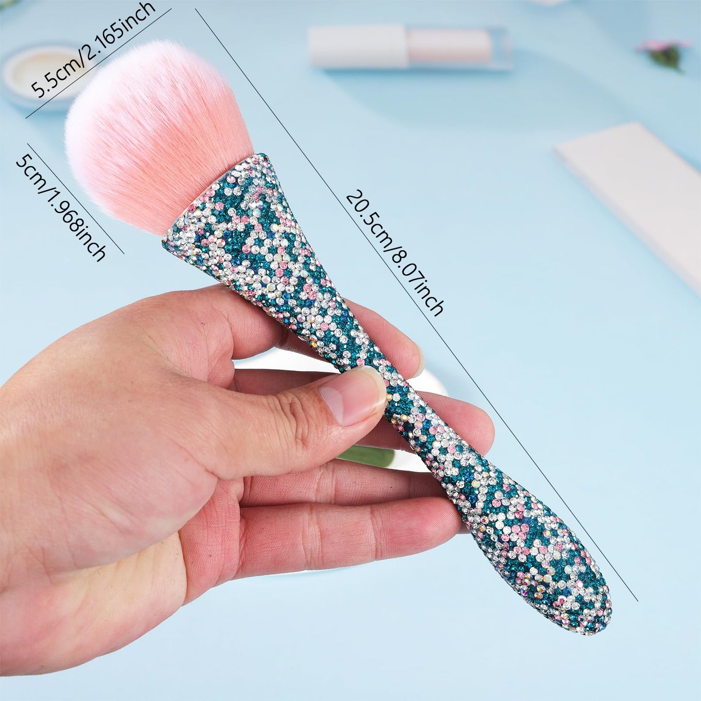 SILPECWEE 1pc Nail Art Dust Brushes For Acrylic Nails Pink Shiny Rhinestone Fluffy Powder Brush Loose Face Cosmetics Blending Liquid Foundation Powder Make Up Brushes Nail Cleaning Tools