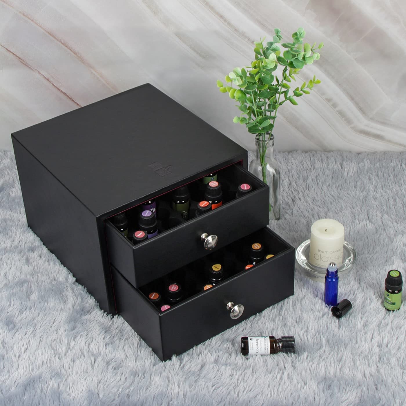 J JACKCUBE DESIGN Essential Oil Organizer Storage Box Case, Holds 96 Bottles 5-15ml Essential Oils, Roller Bottles- Leather Drawer Oil Holder Display- MK525A