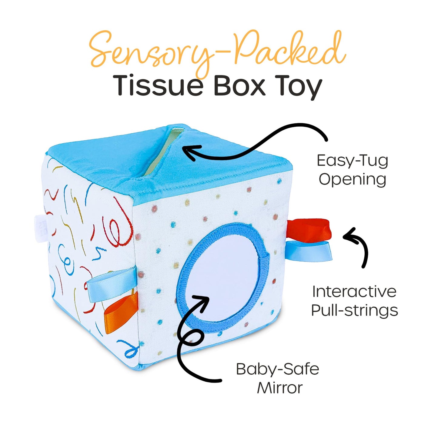 Quiggly Soft Fabric Tissue Box Toy for Babies- Montessori Sensory Development Toy for 6-12 Month Olds - 100% Cotton, Crinkle Tissues, Ribbon Details, Safety Mirror- Ideal for Infant Gross Motor Skills