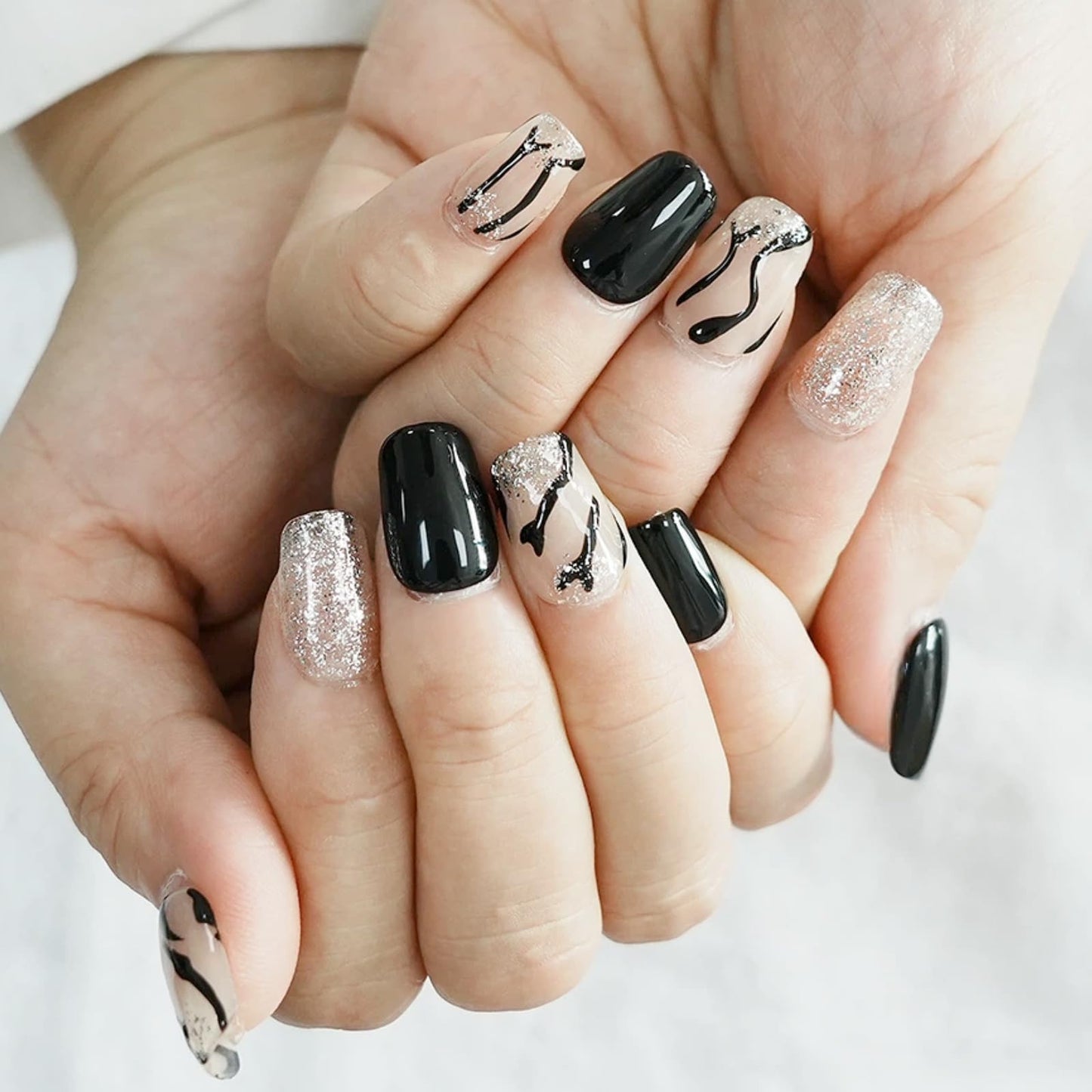 Tesytto Press on Nails Short Coffin, Handmade Black White 3D Glossy Acrylic Fake Nails Zebra Print with Silver Glitter Effects for Women Nails Art (Zebra Stripe,L)