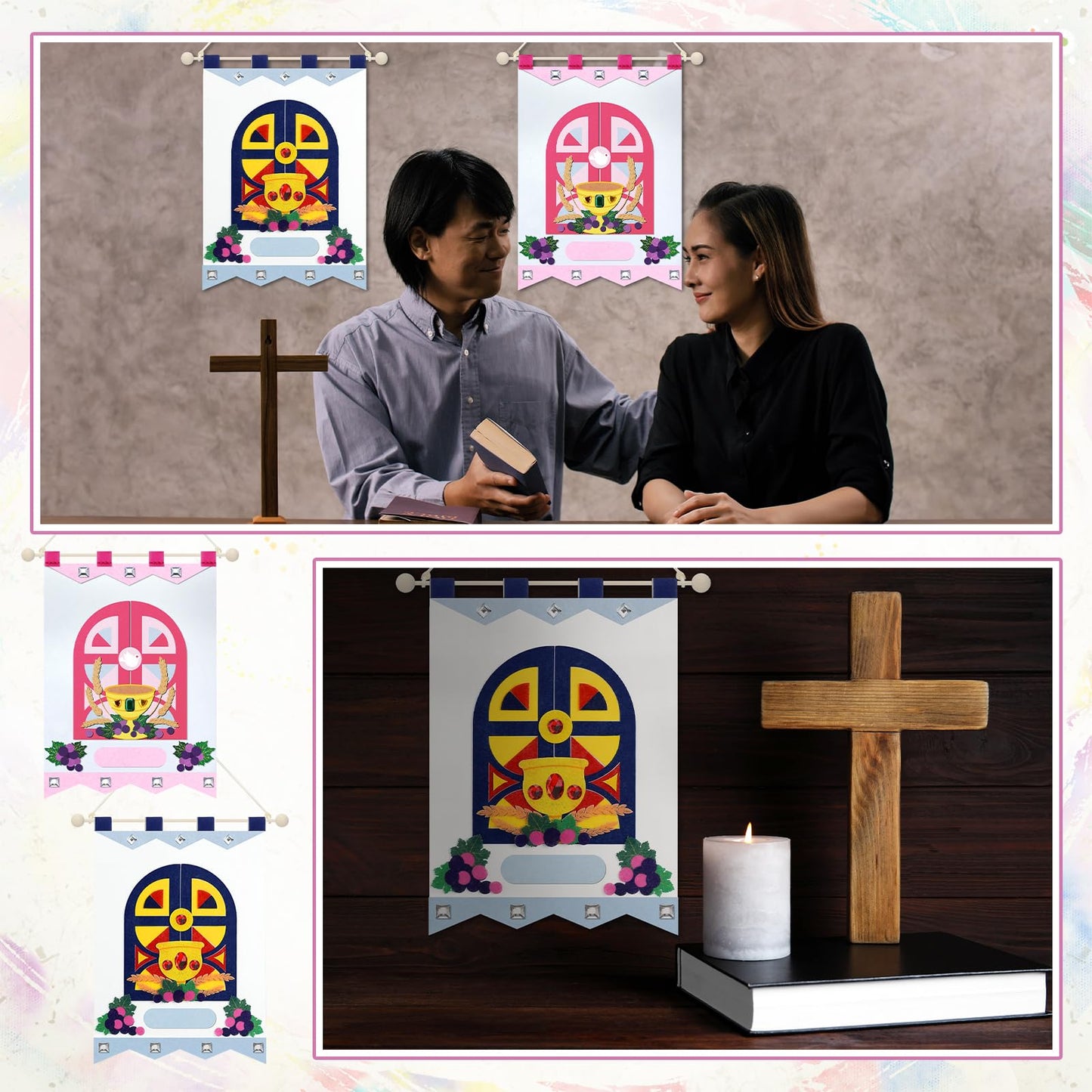 Hillsuren 2 Pack First Communion Banner Kit for Girls Boys, 9 x 12 Inches Felt First Holy Communion Banner Sunday School Gates Decoration for Church Catholic School DIY Crafts Supplies