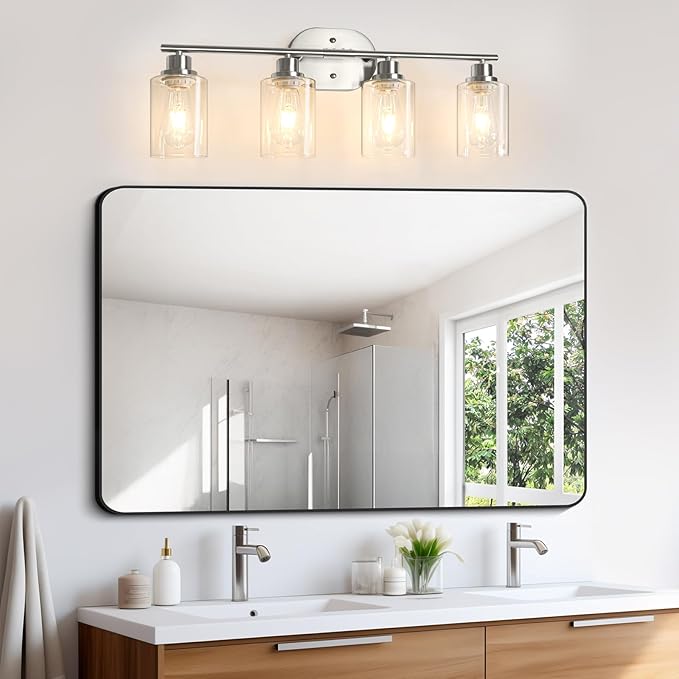 Unicozin Bathroom Light Fixtures, 4 Light Vanity Lights for Bathroom, Brushed Nickel Wall Lamp with Clear Glass for Mirror, Living Room, Hallway, Cabinet, E26 Base