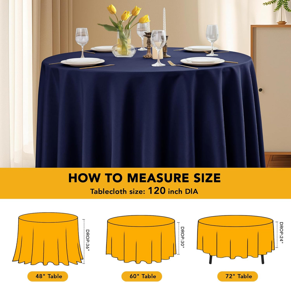 6-Pack Navy Blue Round Tablecloths, 120 Inches, Stain-Resistant Polyester for 5-6 Ft Round Tables - Washable Table Covers for Weddings, Banquets, Birthday Parties, Events
