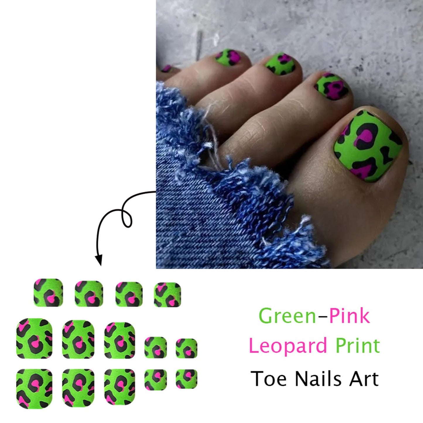 Leopard Print Press on Toenails Green Fake Toe Nails with Spotted Leopard Designs Cute Toe Nails Press ons Square Matte False Toenails Artificial Full Cover Acrylic Toenails for Women 24Pcs