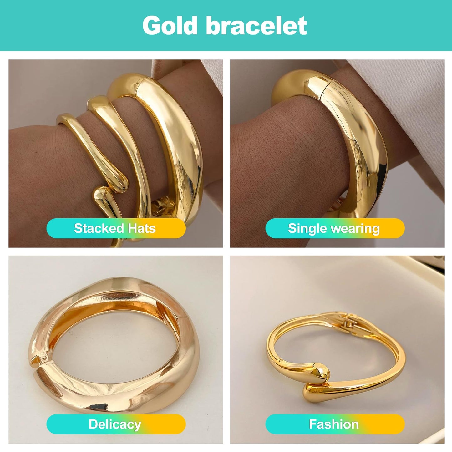 KornaDoz 3-Pack 14K Gold Plated Chunky Bracelet Set - Stackable Cuff Bangles, Trendy Statement Jewelry for Women