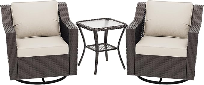 3 Pieces Patio Conversation Furniture Set - 2 Swivel Chairs, 1 Side Table, Outdoor Wicker Rocking Glider Armchairs with Washable Cushions for Porch, Balcony, Sunroom (Beige)