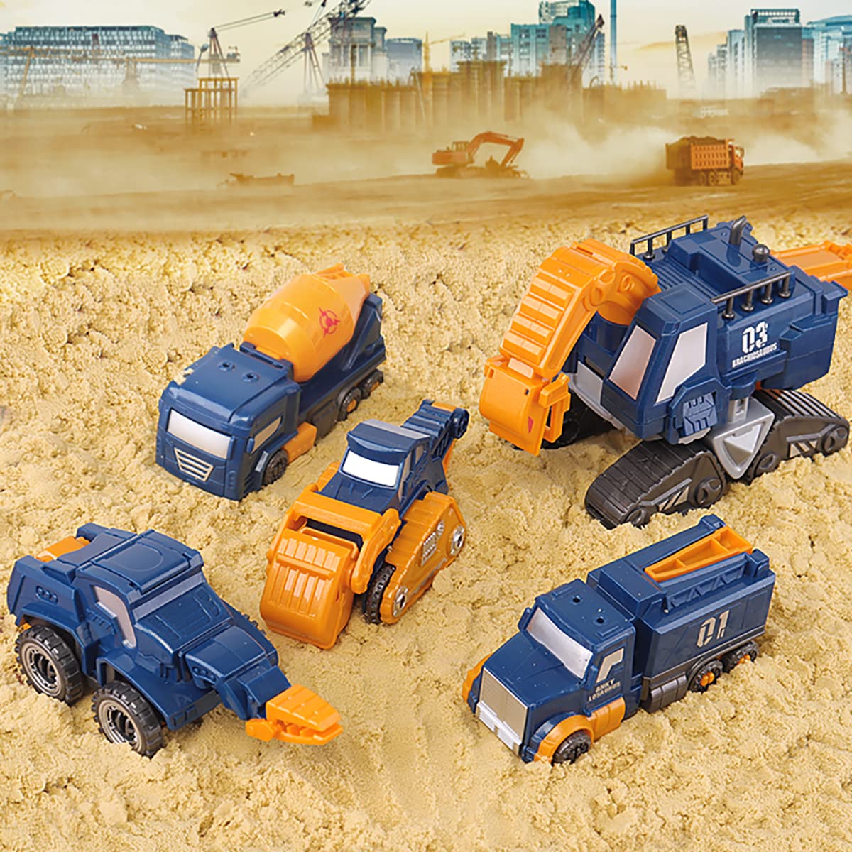 Fuzzy Pixie Toddler Construction Car Transform Set, 5pcs Dinosaur Rescue Robot with Magnetic Connectors, Assemble Building Trucks DIY STEM Toy, Birthday Present for Kids Boy Girl 3 4 5 6 7 Year
