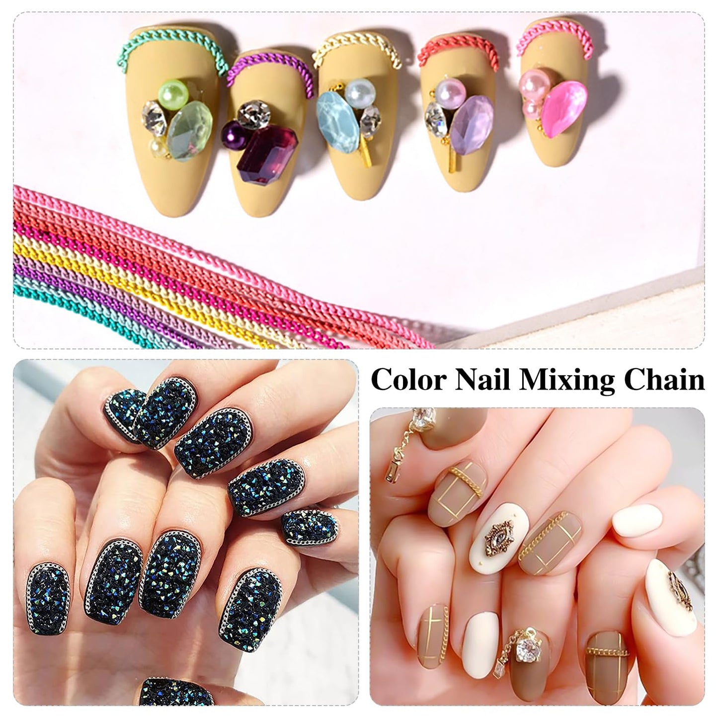 JERCLITY 2 Boxes - 36 Strips Multi-Color and Gold Metal 3D Nail Chains for Nail Art - Punk Nail Charms, Colorful Chains for Nails