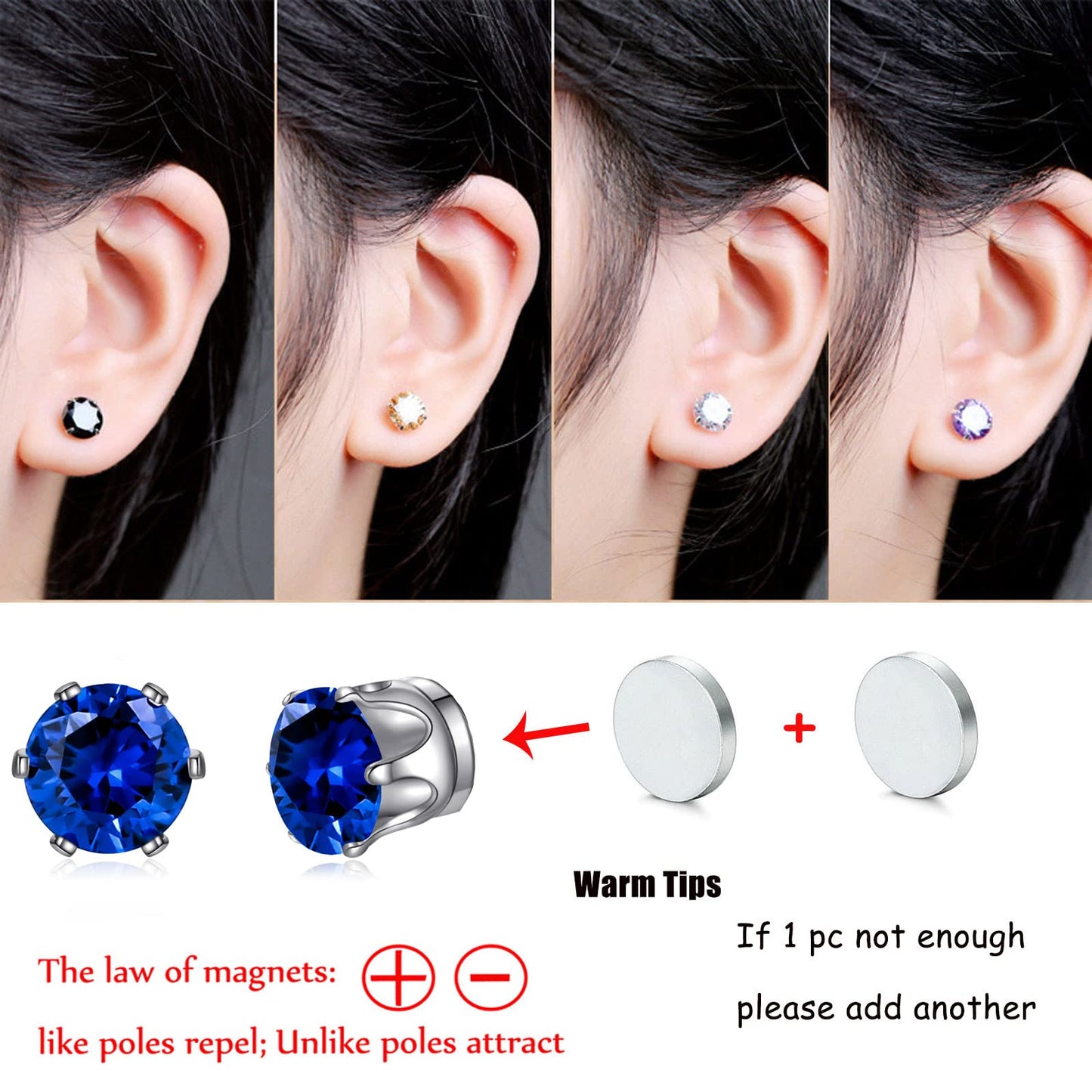 Spiritlele 12 Pairs Colorful Cubic Zirconia Magnetic Earrings Clip on Non Piercing Earrings Set for Women 6MM