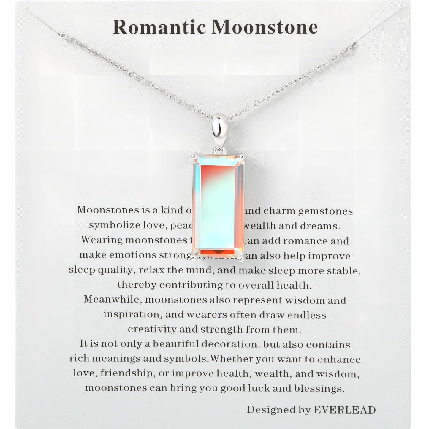 EVERLEAD Healing and Romantic Rainbow Moonstone Necklace for Women - Big Authentic Moonstone - Premium Sterling Silver Chain & Diamond Cutting - Light Luxury Gift for Women. (Classic Style)