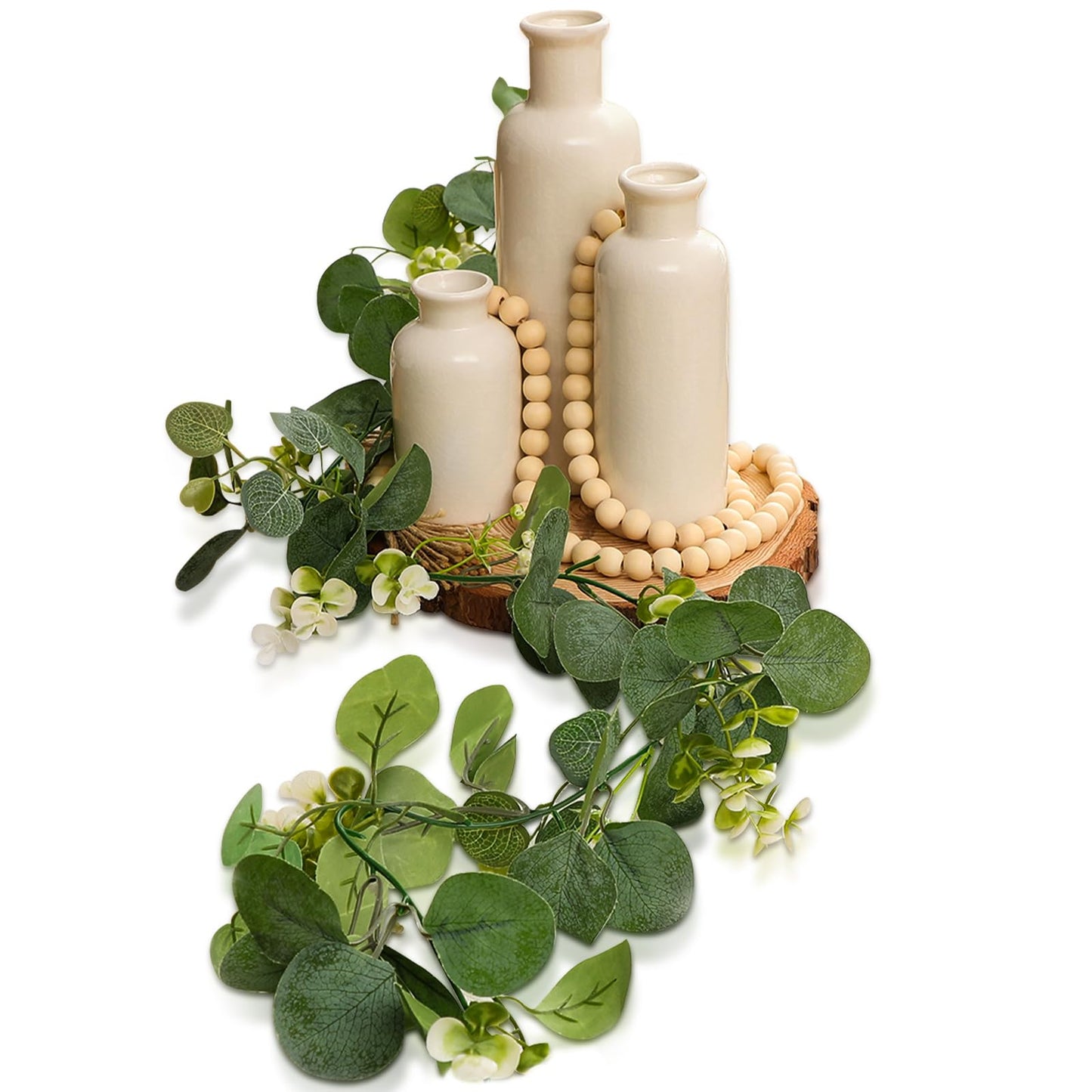 Geelin 6 Pcs Boho Rustic Table Centerpieces, 3 Modern Ceramic Vases, Wooden Slice Tray, Farmhouse Wood Beads Garland with Tassel, Artificial Vines for Dining Home Coffee Table Decor(White)