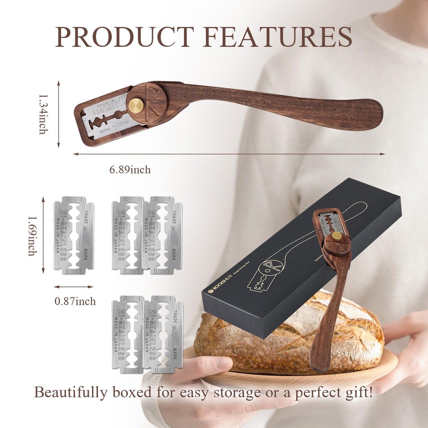 ROCKSHEAT Bread Lame Dough Scoring Tool with Blade Cover, Sourdough Scoring Tool with 5 Feather Blades, Scoring Knife for Bread Baking, Dexterous-Cut Series Lame Bread Tool (ELEGANT)