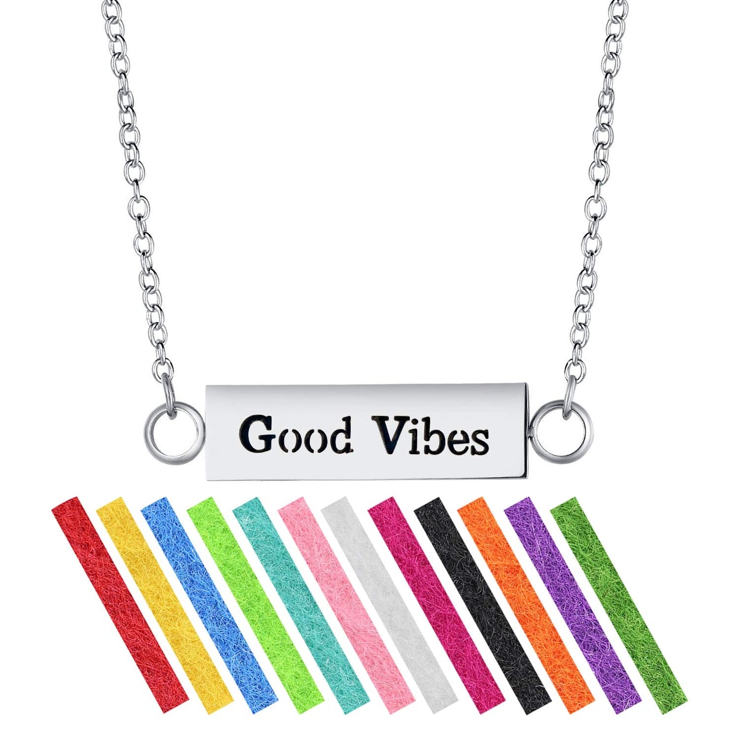 Wild Essentials "Good Vibes" Essential Oil Diffuser Bar Necklace Gift Set - Includes Aromatherapy Pendant, 24" Stainless Steel Chain, 12 Color Refill Pads