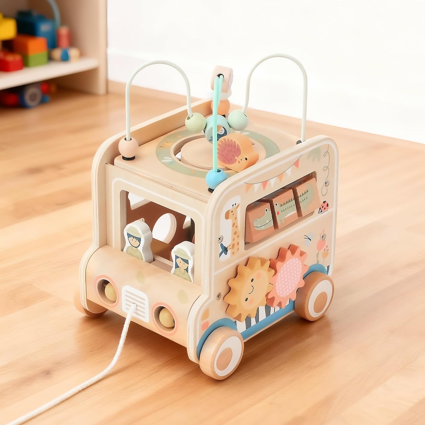 Pithfor Wooden Pull Along Activity Cube Toys, Montessori Toys for 1 2 3 Year Old Baby Toddlers, Baby Activity Cube for 1 Year Old, 1st First Birthday Gift
