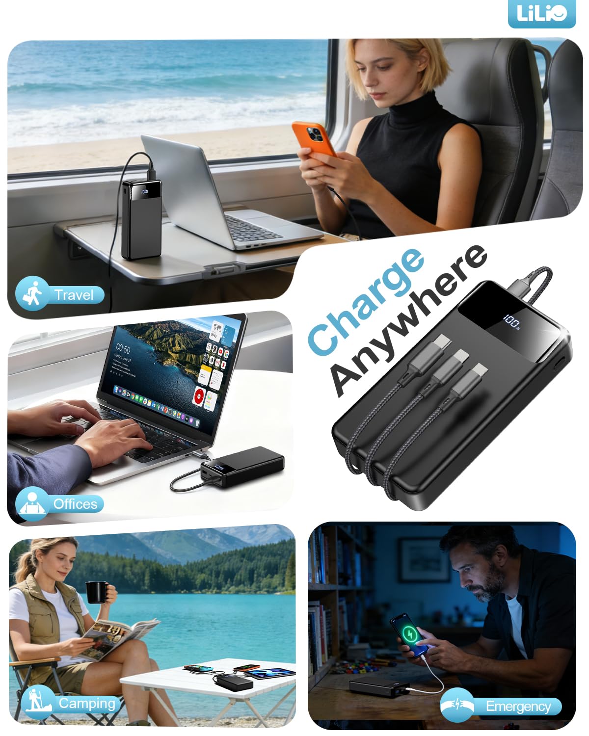 LILIO Portable Charger Power Bank๏ผ60,000mAh Battery Pack, 22.5W Power Bank Fast Charging with USB Cable, Phone Charger for iPhone 17/16/15/14/13 All Series/Samsung/Android, Camping Essentials, Black