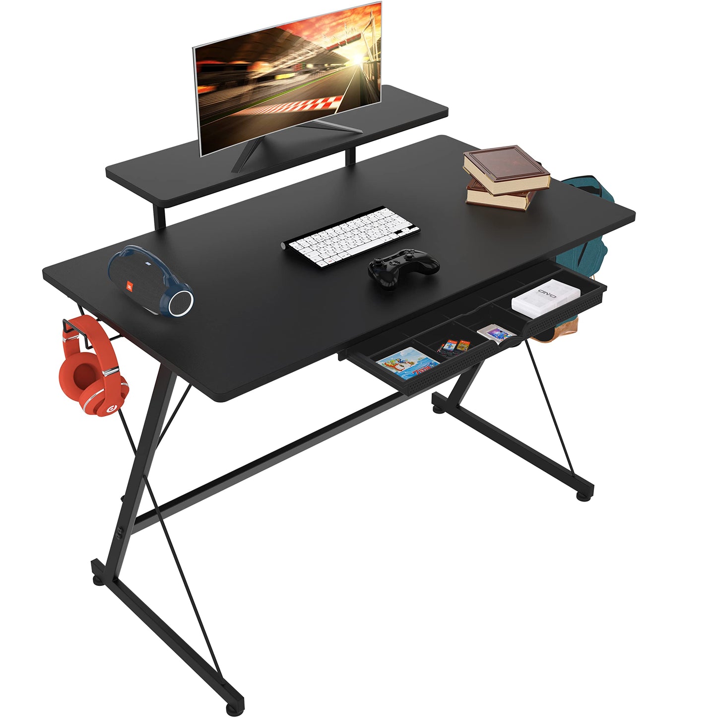 SHW 40-Inch Gaming Desk with Monitor Riser, Drawer and Hooks, Black