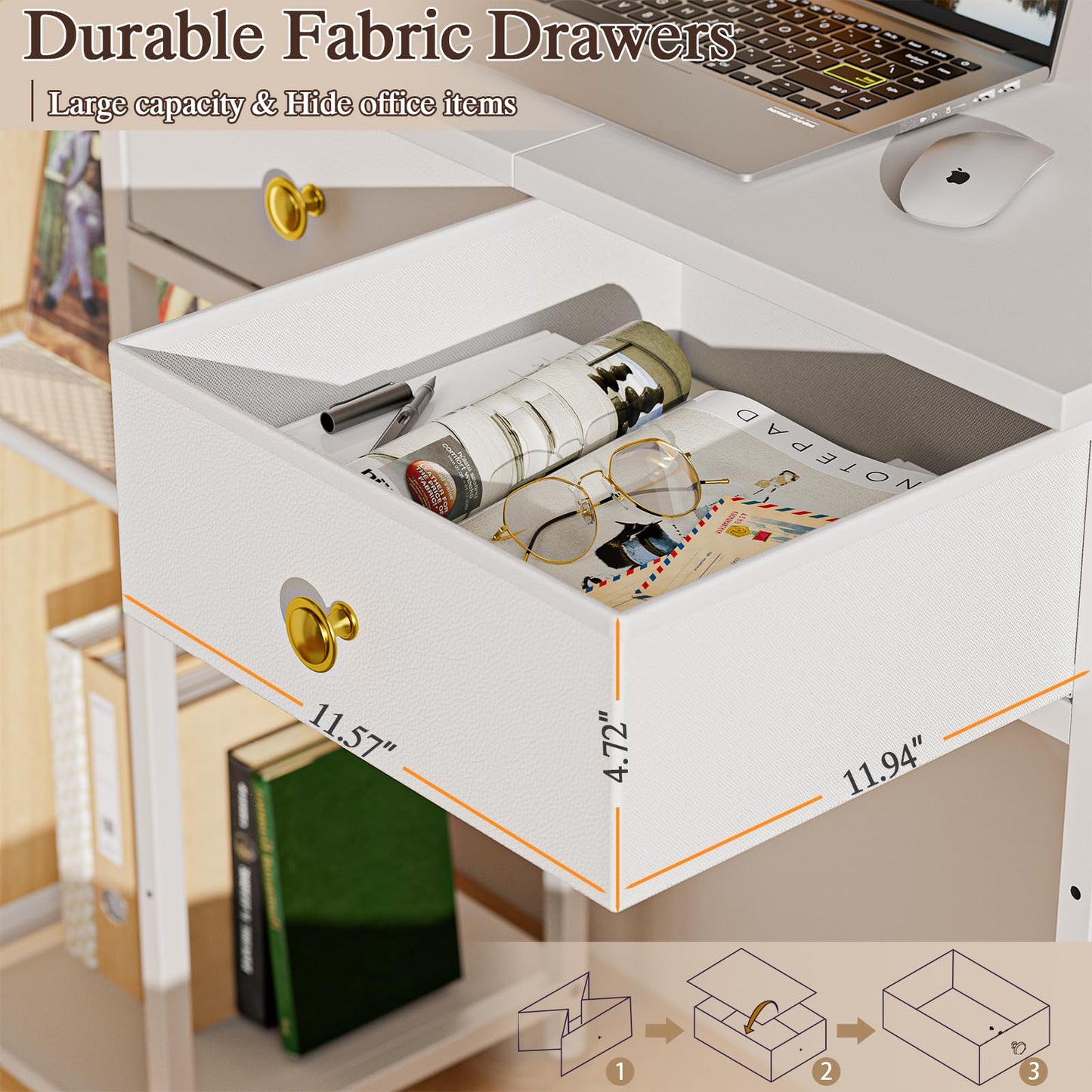 DAOUTIME White Computer Desk, 36 Inch Small Desk with Drawers, Home Office Desk with Storage Shelves for Bedroom, Living Room, Dorm, Vanity Desk for Small Spaces, White