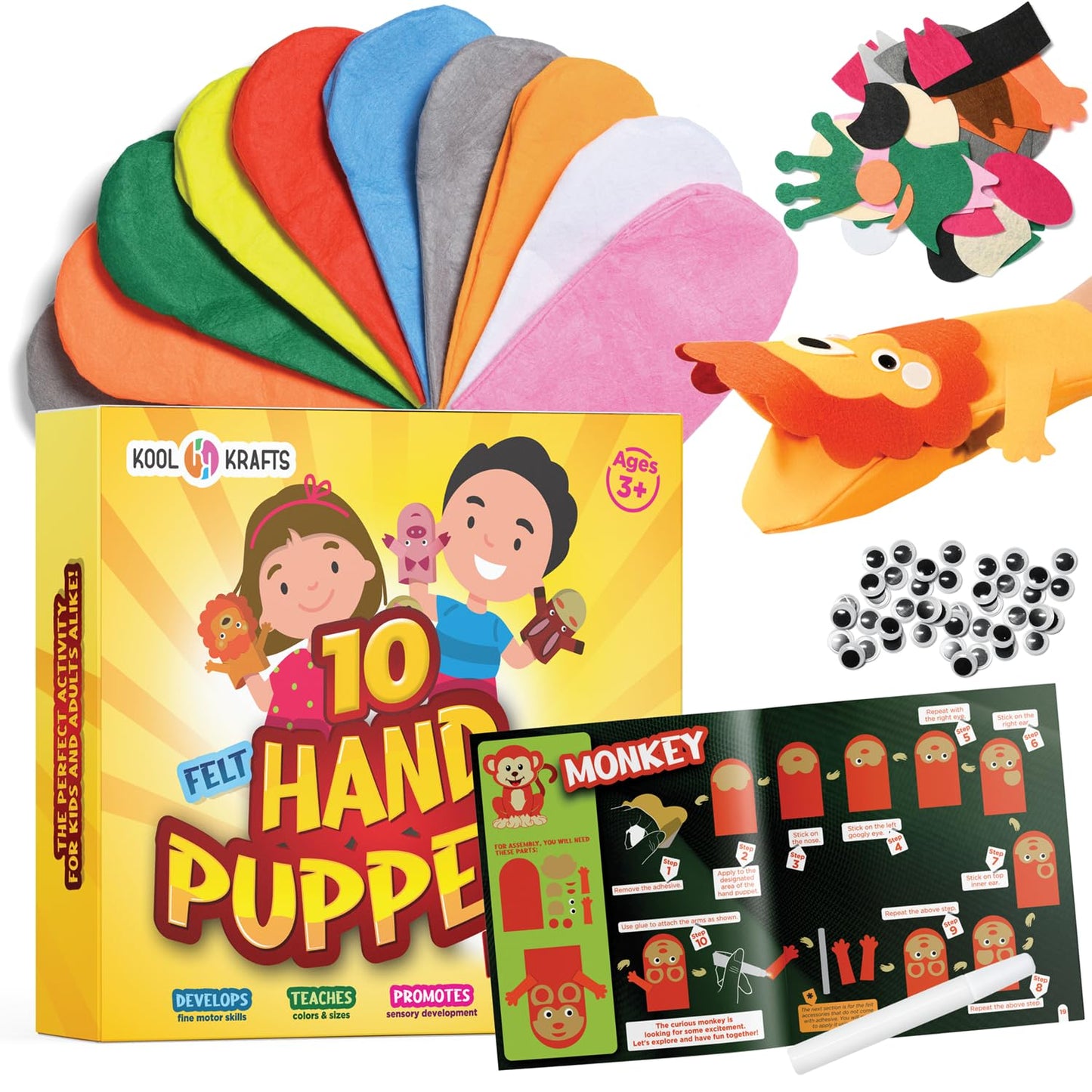 Hand Puppet Kit – Make Your Own Animal Characters, 10 Felt Pieces, Simple Step-by-Step Instructions, Arts & Crafts Activity for Kids, Role Play & Storytelling Birthday Gift