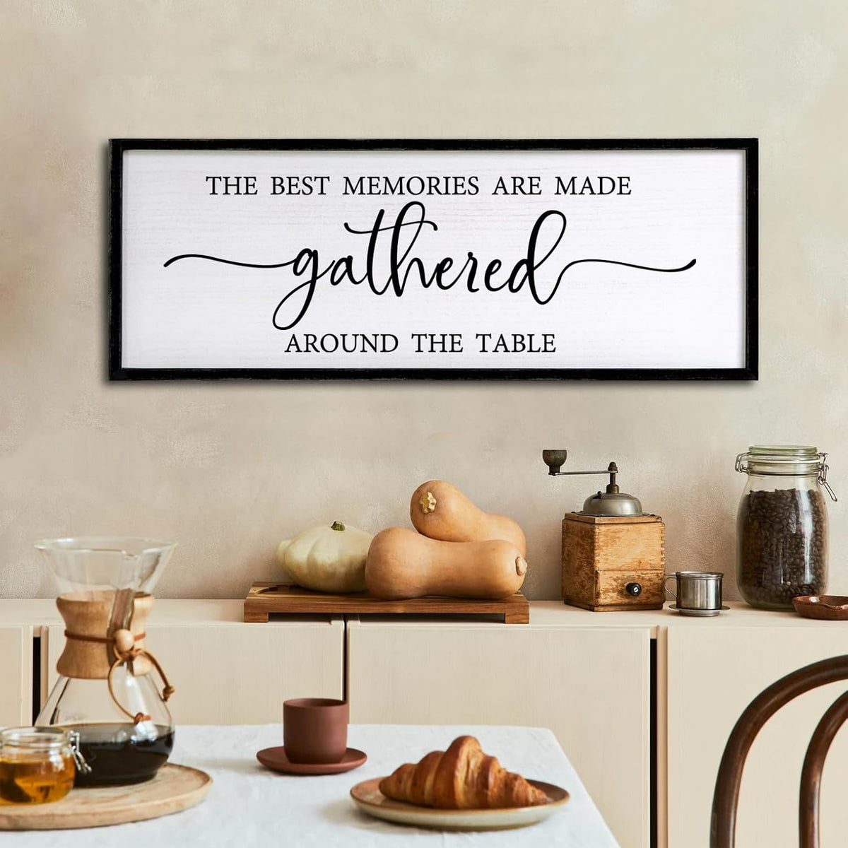 The Best Memories are Made Gathered Around The Table Sign Framed Wall Art, 32''×12'' Rustic Horizontal Plaque with Black Frame for Dinning Living Room, Farmhouse Long Home Family Wood Sign Wall Decor