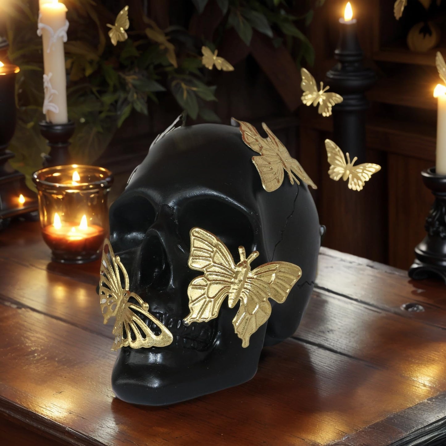JOOMBE Black Skull Statue with Glod Butterfly,Halloween Decoration Home Decor Collectible Figurines (Small)