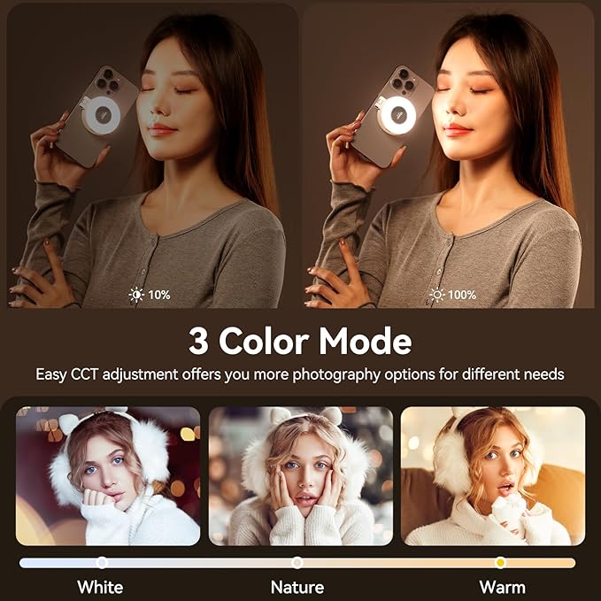 Fill Light for Magsafe LED Phone Light Attachment Selfie Ring Light Brightness Adjustable Compatible w Magsafe for iPhone Smartphone Vlogs/Photography/Video Conference Color White